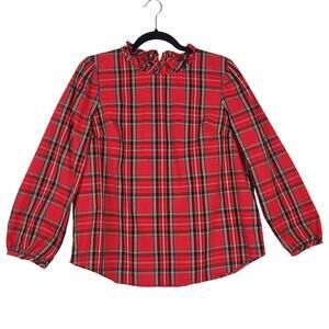J Crew Womens Plaid Puff Sleeve Blouse SZ M Red Stewart Tartan Ruffle Collar EUC